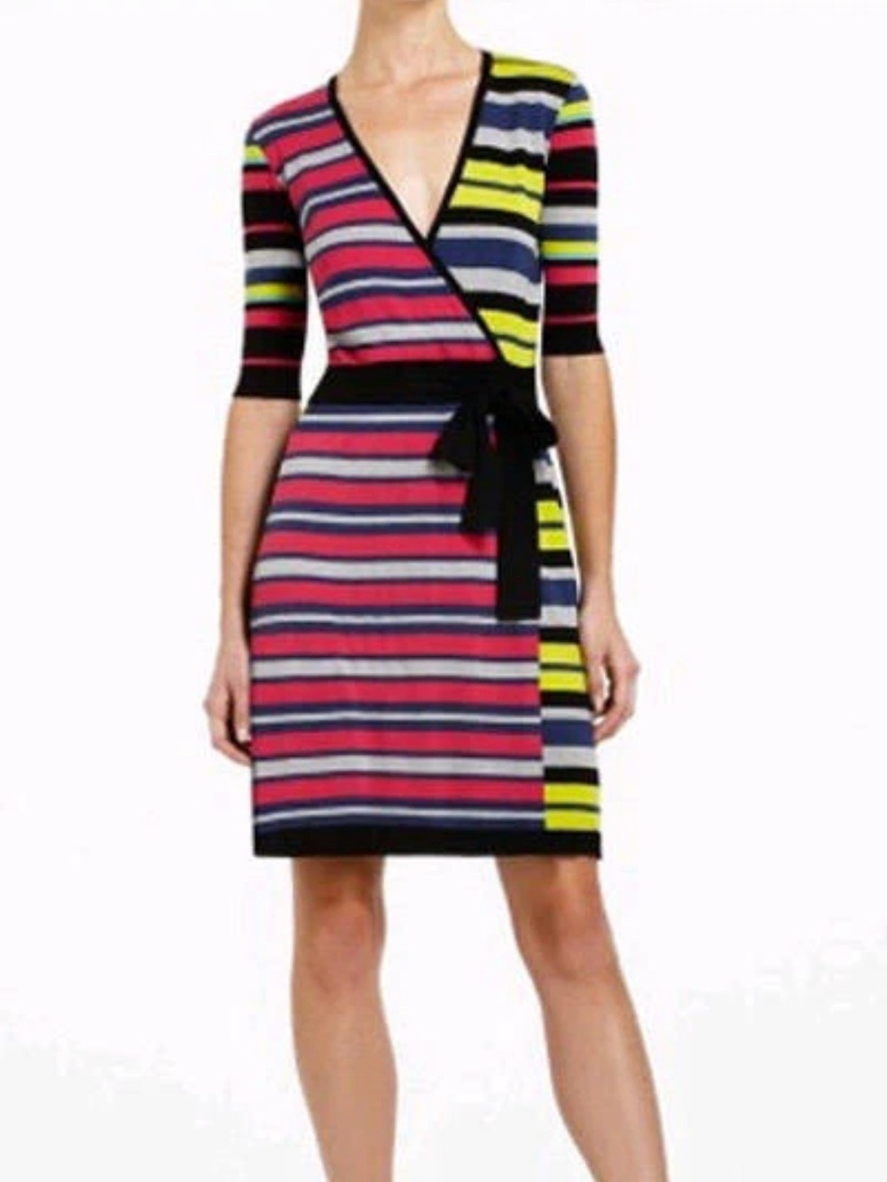 BCBGMaxAzria Striped Wrap Midi Dress in Pink, Yellow & Black